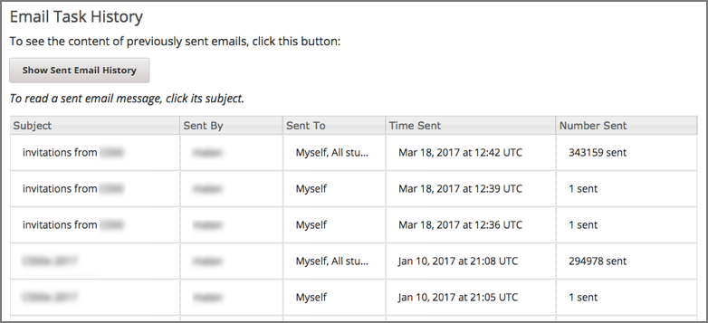 A tabular list of sent messages, with columns for subject, sent by, time sent, and number sent.