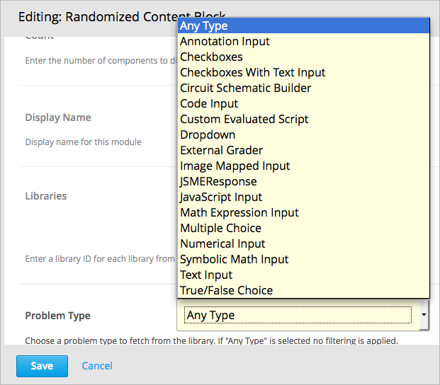 Problem type dropdown list in randomized content block settings.