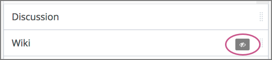 The Wiki page on the list of course pages, with the show/hide icon indicating that the page is currently hidden.